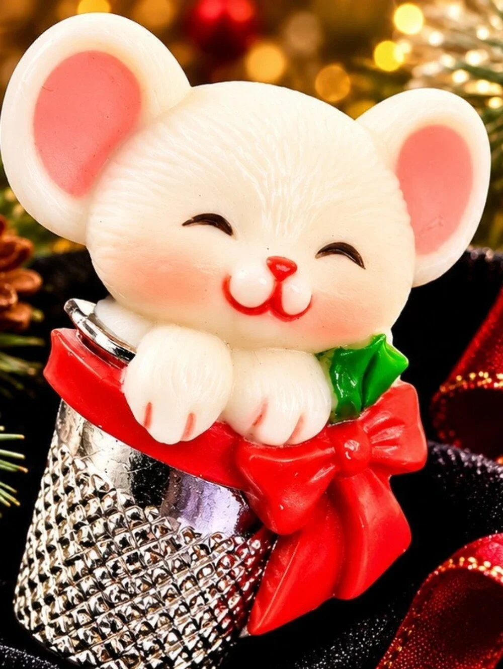 Vintage 1983 Hallmark Christmas Mouse Brooch Mouse in Thimble Holiday Pin